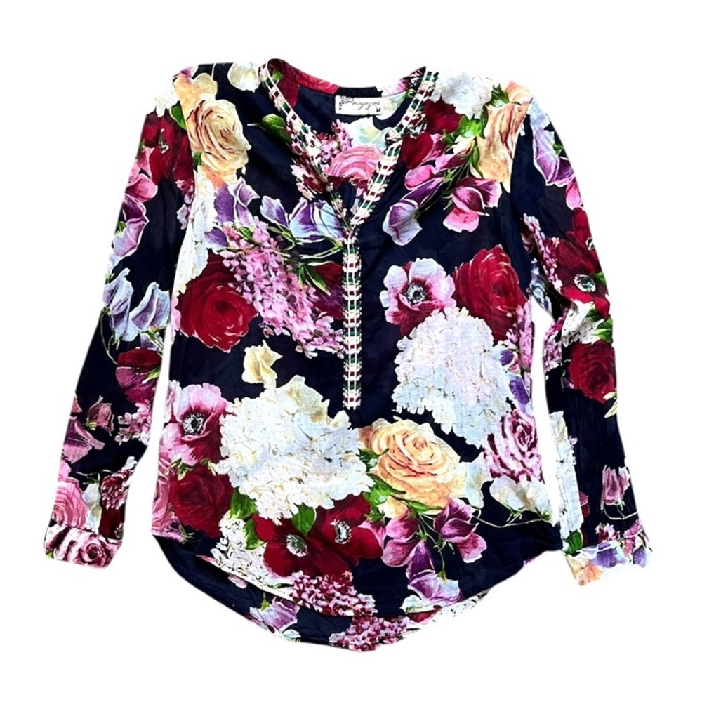 Magazine Navy Multicolored Floral Long Sleeve Semi Sheer Trim Top Blouse Size M
